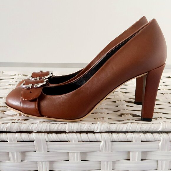 Gucci Brown Leather Block Heel Pumps Logo Buckle Designer Office Party Shoes 7.5 - Picture 3 of 16